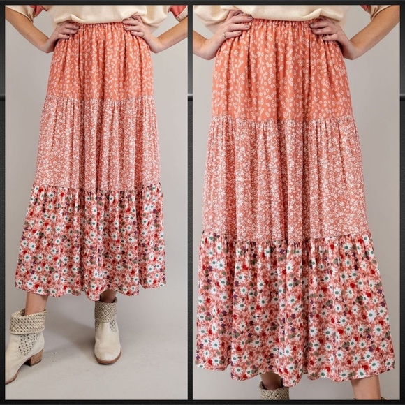 EASEL Mixed Floral Print Midi or Maxi Cottagecore Tiered Prairie Skirt W/Lining - Picture 10 of 16